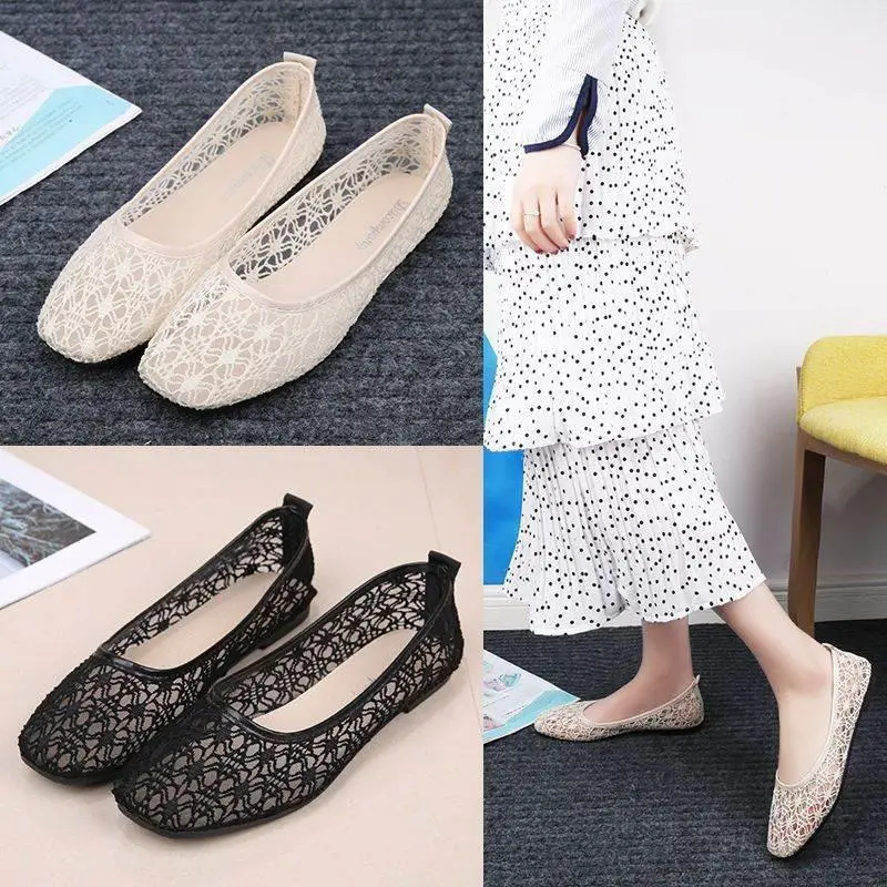 Giày Phẳng Thoáng Khí, Dành Cho Nữ, Lưới Ren, Bề Mặt Lưới Rỗng Giày Vải Bắc Kinh Cũ, Giày Len Mùa Hè, Thích Hợp Cho Phụ Nữ Mang Thai, Kiểu Lười, 2024