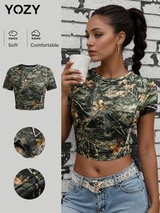 YOZY Women's All Over Print Round Neck Crop Tee, Casual Short Sleeve Crew Neck T-shirt for Daily Wear, Ladies Clothes for All Seasons