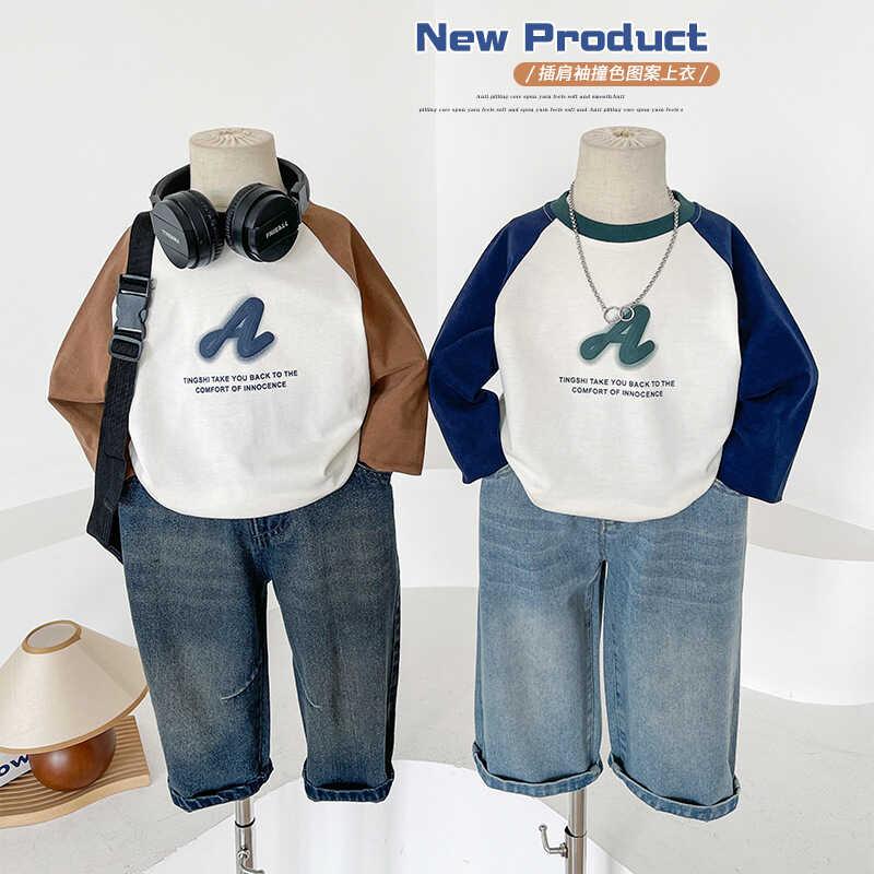 Wind Valley 2024 new children's clothing Korean version contrasting color raglan sleeve T shirt boys versatile base for spring and autumn 0