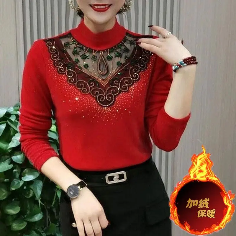 Áo Lớp Cơ Sở Ren, Ngoại Cỡ Cho Nữ, Bộ Sưu Tập Thu Đông Mới, Áo Cao Cấp, Phong Cách Phương Tây, Có Thể Mặc Bên Trong, Thời Trang In Hình, Áo Có Đệm Nhung, Dành Cho Nữ