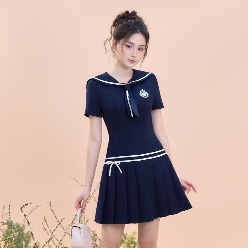 ZAMYSHOP - Váy TK cổ thủy thủ chân xếp ly nữ tiểu thư thanh lịch đi làm, đi chơi, dạo phố dáng xinh 1