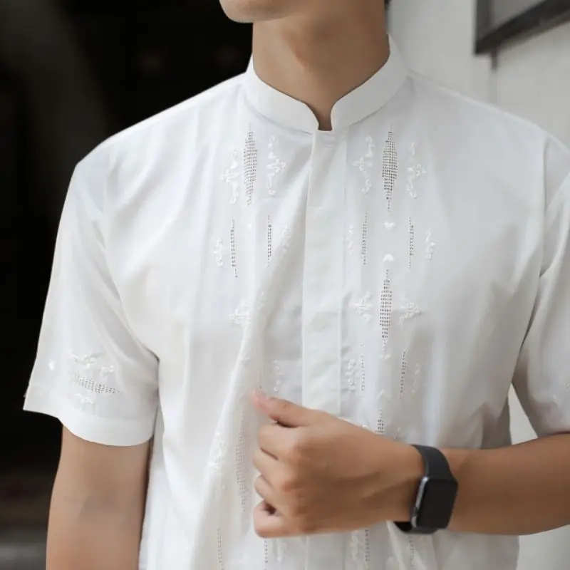 Baju koko pria Putih Bordir Manual Pria Dewasa Kerancang Padang Lengan Pendek Atasan Muslim Pria Bukittinggi Lengan Pendek Kasual Katun Tangan