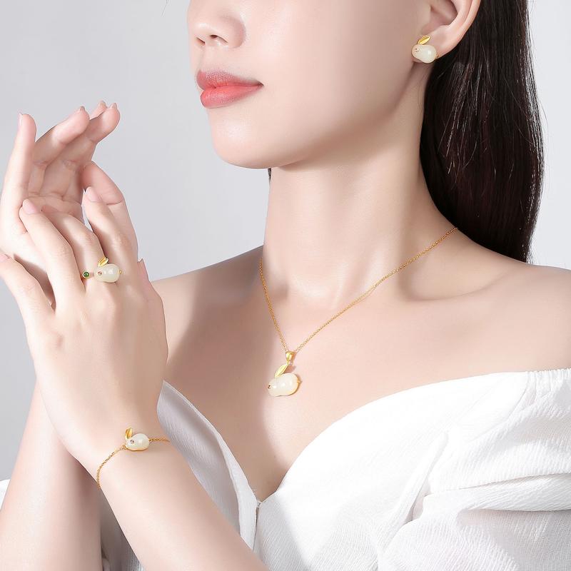 Hetian Jade Hare Pendant S925 Silver Plated Cute Jade Hare Ear Stud Necklace Bracelet Ring Fairy Jewelry Suit 3