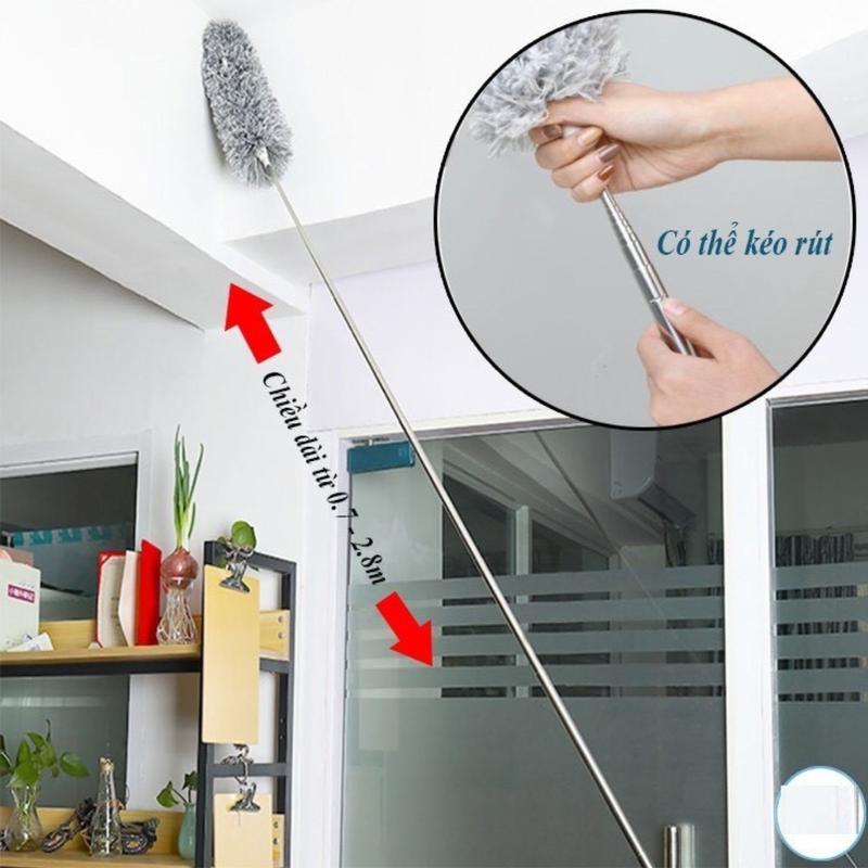 Cây chổi lông quét lau bụi mạng nhện trần nhà đa năng cán dài inox rút gọn kéo dài 2.8m, đầu chổi gập 180 độ