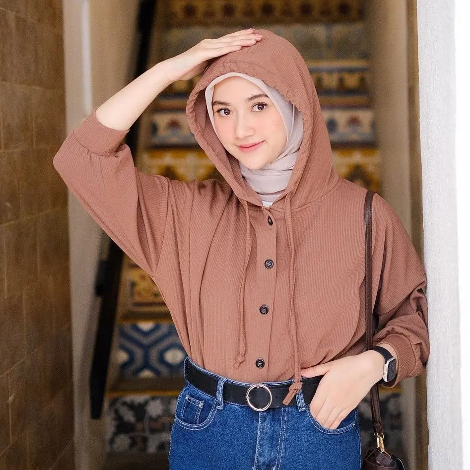 ALYA Atasan Hoodie Sweater Basic Button Crop Top Bahan Waffle Baju Nyaman Fleece Tebal