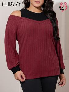 CURVZY Plus Size 2 IN 1 Cold Shoulder Ribbed Tee, Casual Long Sleeve T-shirt for Fall & Winter, Women's Plus Clothing for Daily Wear