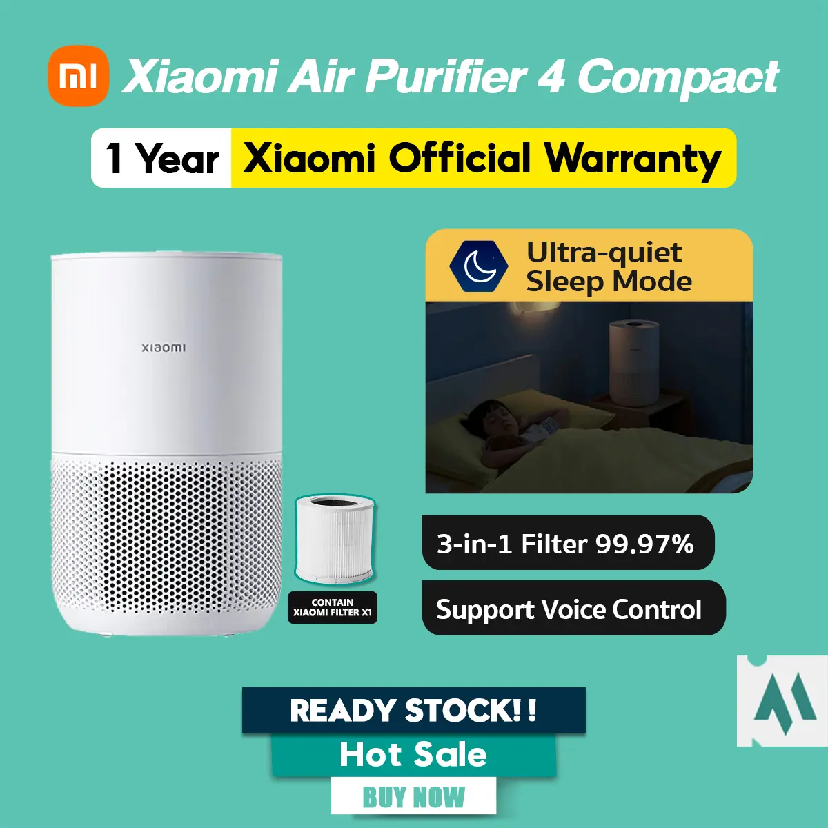 Xiaomi Smart Air Purifier 4 Compact 3-in-1 Filter Smart control Real-time Air Quality Monitoring