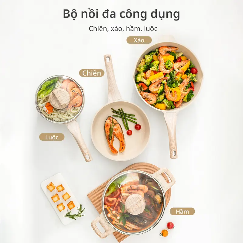 InssaVN Bộ nồi chảo 4 món chống dính 18cm/24cm/24cm/28cm GUOJ030, chiên xào nấu tiện lợi phù hợp mọi loại bếp 1
