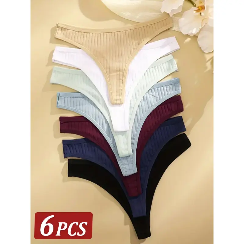6Pcs/Set Women Cotton Thongs Panties Female Ribbed Low Rise G-String Ladies Sexy Bikini 7 Solid Color Girl Soft S-XL Intimates 0