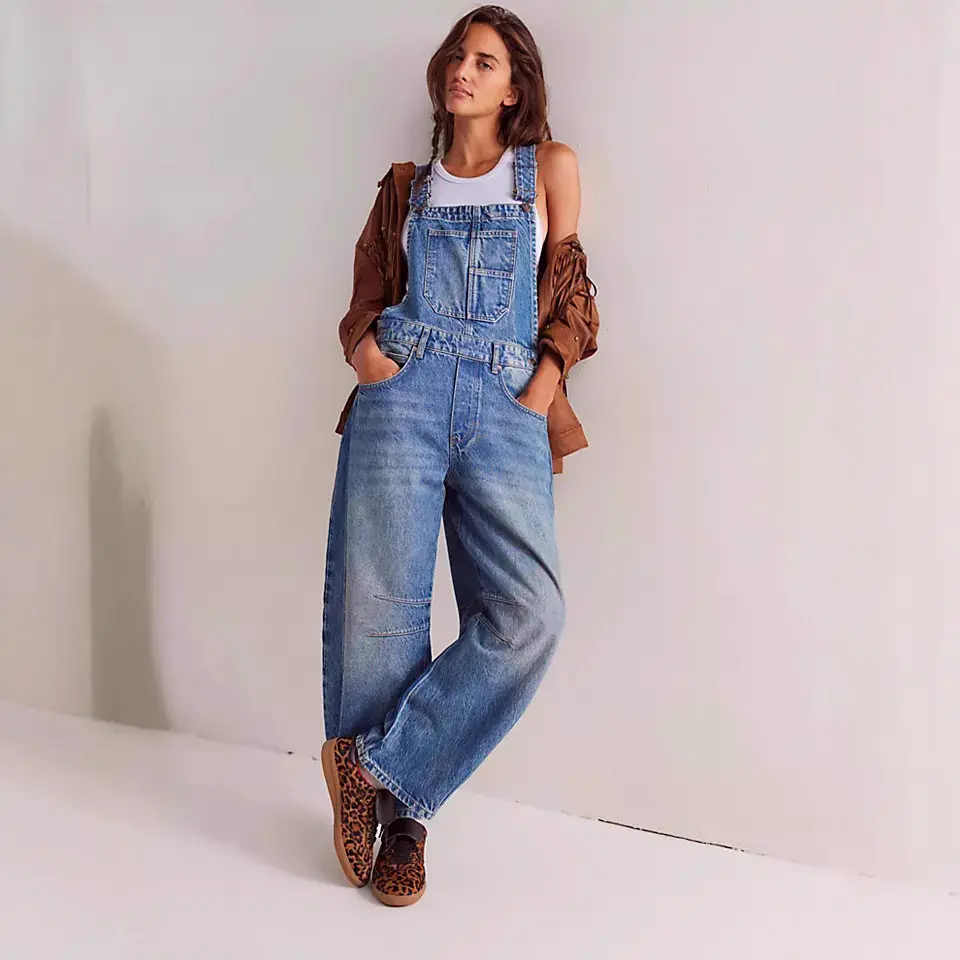 Quần Yếm Denim Túi Hộp Thời Trang Đường Phố, Dáng Suông Tôn Dáng Dáng Rộng Rãi, Phong Cách Cổ Điển Giặt Dễ Phối Đồ, Dành Cho Nữ, Hàng Mới Về Năm 2025