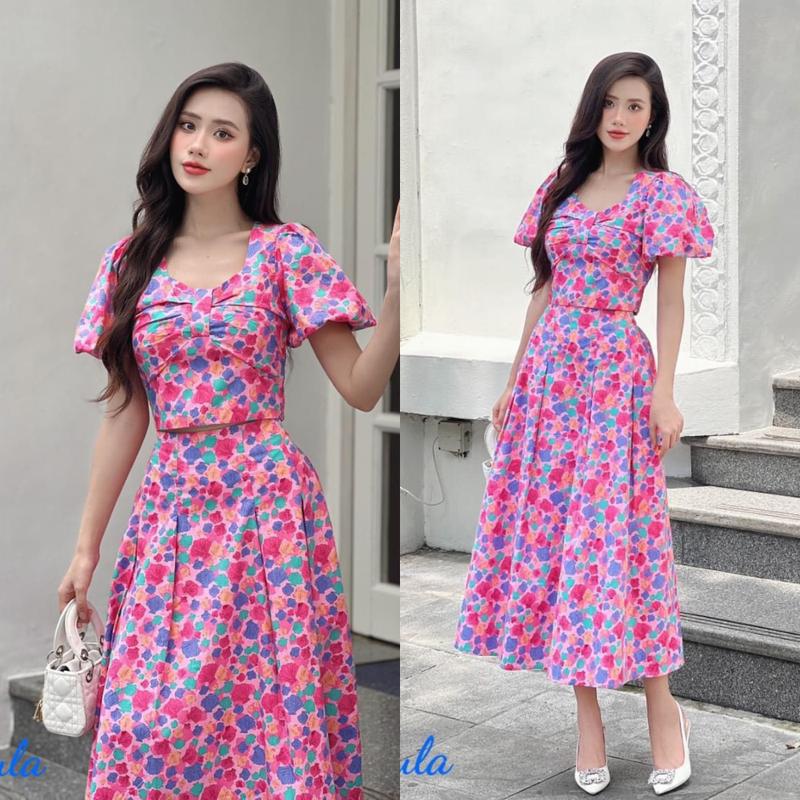 Set chân váy Áo croptop tay phồng váy xòe xếp ly sang chảnh - Set váy nữ xinh Xắn thời thượng ,trẻ trung SIZE 40 đến 71