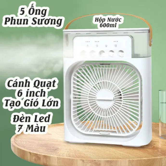 Quạt Điều Hòa Phun Sương Mini Làm Mát Dung Tích 600ml Có Chế Độ Hẹn Giờ Tích Hợp Đèn Led 7 Màu [ HÀNG LOẠI 1 ] 2