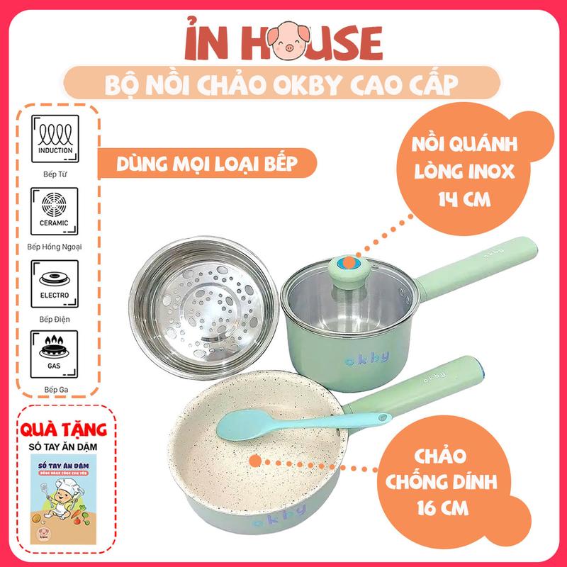 [Mẫu mới] Bộ Nồi Chảo CAO CẤP OKBY, nồi innox 14cm, chảo đá chống dính 16cm chế biến đồ ăn dặm cho bé