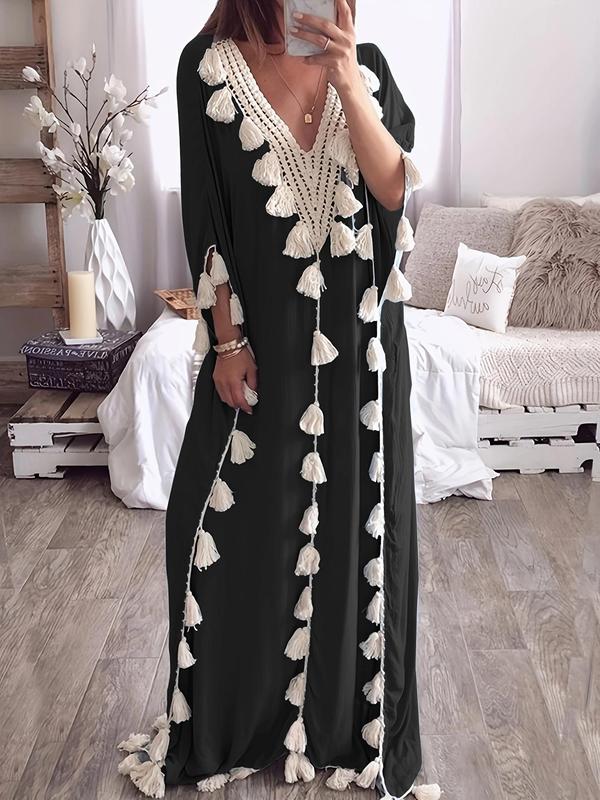 Women's Patchwork Fringe Trim Batwing Sleeve Arabian Robe Dress, Elegant V Neck Half Sleeve Long Dress for Daily Wear, Ladies Islamic Clothing for All Seasons 4