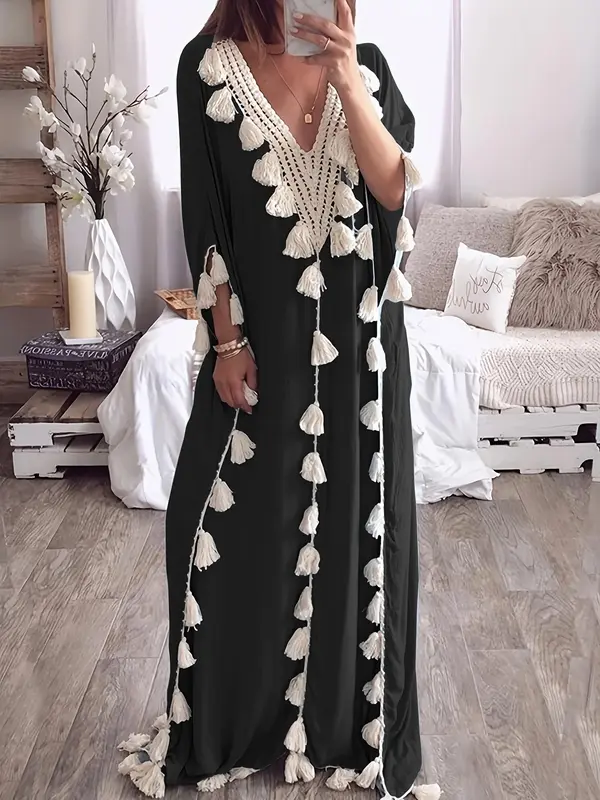 Women's Patchwork Fringe Trim Batwing Sleeve Arabian Robe Dress, Elegant V Neck Half Sleeve Long Dress for Daily Wear, Ladies Islamic Clothing for All Seasons 4