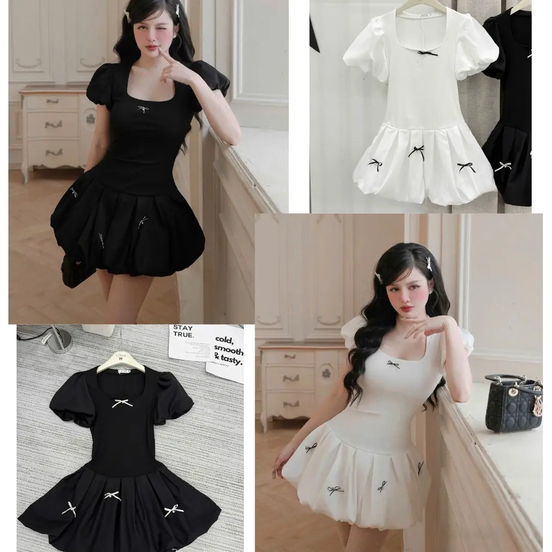 Váy cổ vuông chất thun zip phối thân dưới dáng bí, đính nơ trang trí - Đi chơi dạo phố siêu xinh
