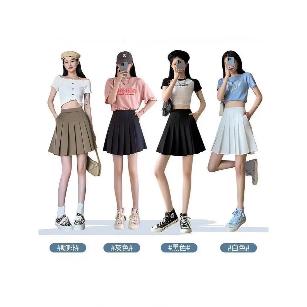 Zippered pleated skirt high-waisted slim A-line skirt