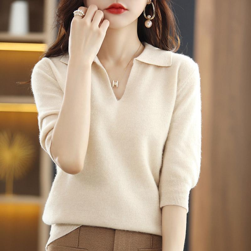 Áo Phông Nửa Tay Áo, Cổ Polo, Đồ Len, Dành Cho Phụ Nữ, Hàng Mới Về Mùa Xuân, Mũ Trùm Đầu Dáng Rộng Rãi, Áo Len Dễ Phối Đồ Ngắn, Áo Sơ Mi Lớp Cơ Sở, Áo Nữ 4