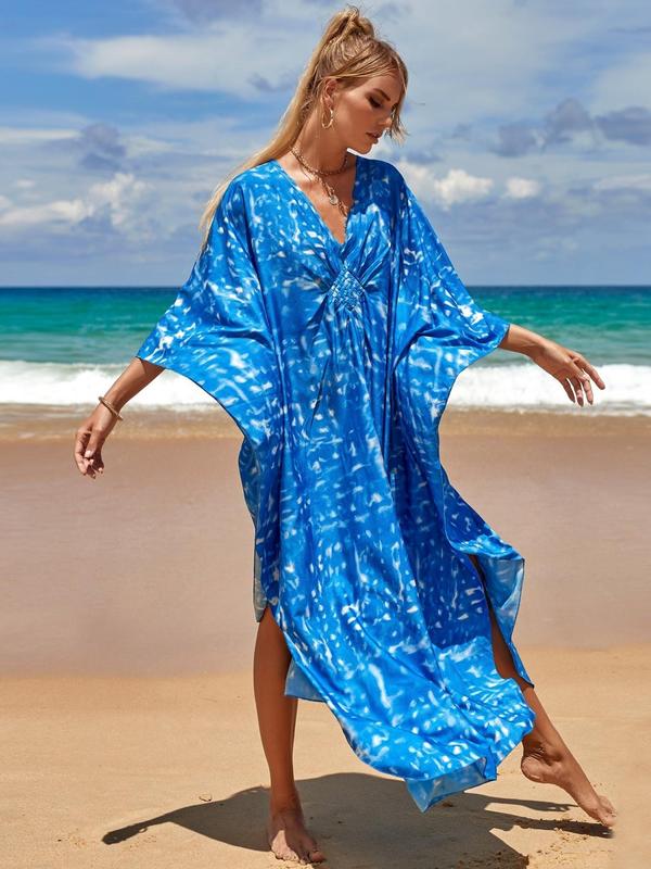 Women's Leaf & Chain Print Batwing Sleeve Split Hem Dress, Summer Outfits 2024, Dress in Club, Dresses for Women, Summer Dresses 2024, Boho Casual Long Sleeve V Neck Dress for Spring & Fall, Women's Clothing for Beach Holiday Vacation 7