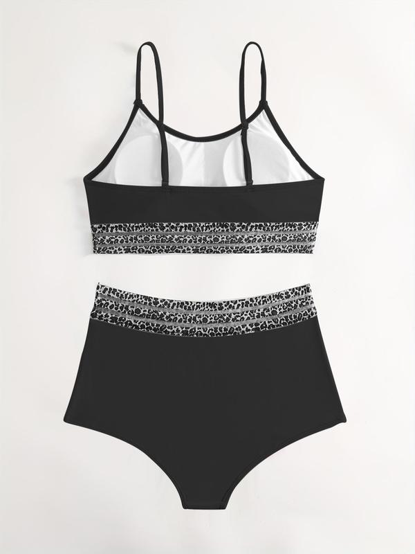 Women's Leopard Print Contrast Mesh Bikini Set, Casual Scoop Neck Swim Cami Top & High Waist Swim Panty Set, Ladies 2024 Trendy Swimwear for Summer 8