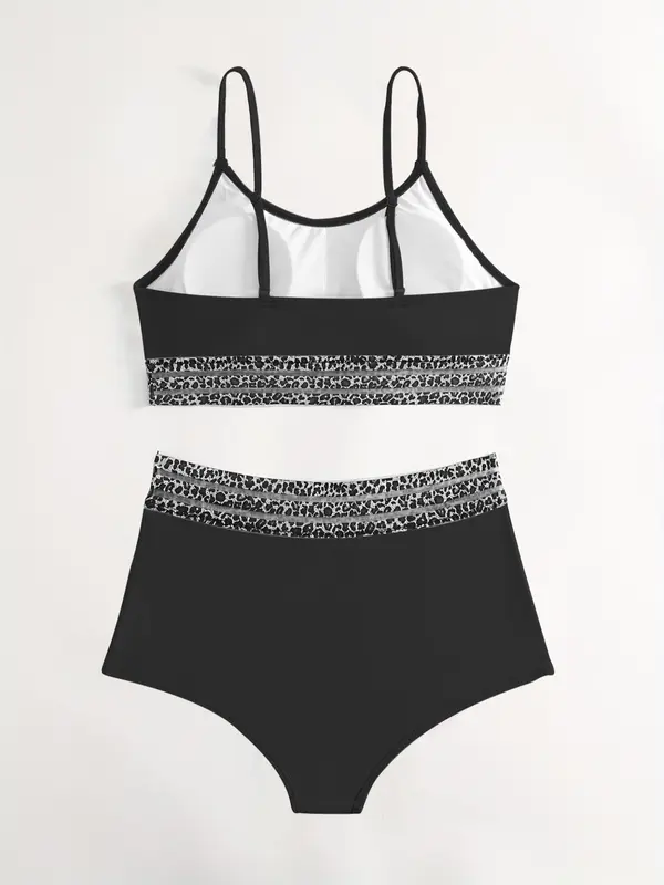 Women's Leopard Print Contrast Mesh Bikini Set, Casual Scoop Neck Swim Cami Top & High Waist Swim Panty Set, Ladies 2024 Trendy Swimwear for Summer 8