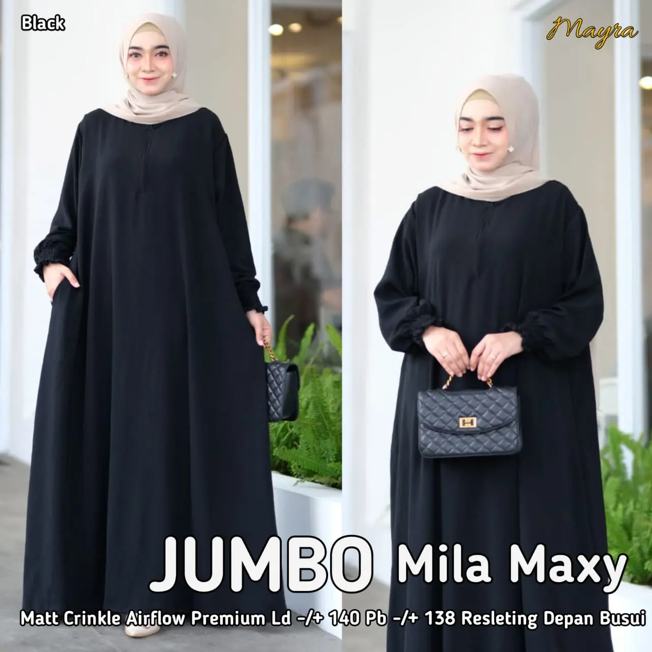 Gamis Jumbo Polos LD 140 Muat Bb 100 Super Besar Bahan Crinkle Airflow Lembut Adem 5L 4L XXXXL Dress Muslim Wanita Hitam