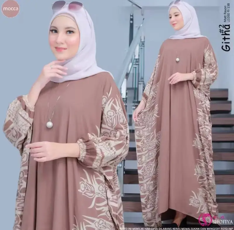 Batik Isrowiyah - Githa Kaftan Long Dress Jumbo Daily Busui Motif Cap Bahan Rayon by Batik Isrowiyah Gamis Muslim Kelelawar Ld 180 cm 0