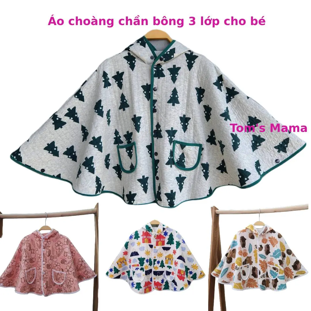 Áo choàng cho bé mùa thu đông , vải chần bông 3 lớp dày vừa, áo giữ nhiệt giữ ấm mang đi đường chắn gió tốt