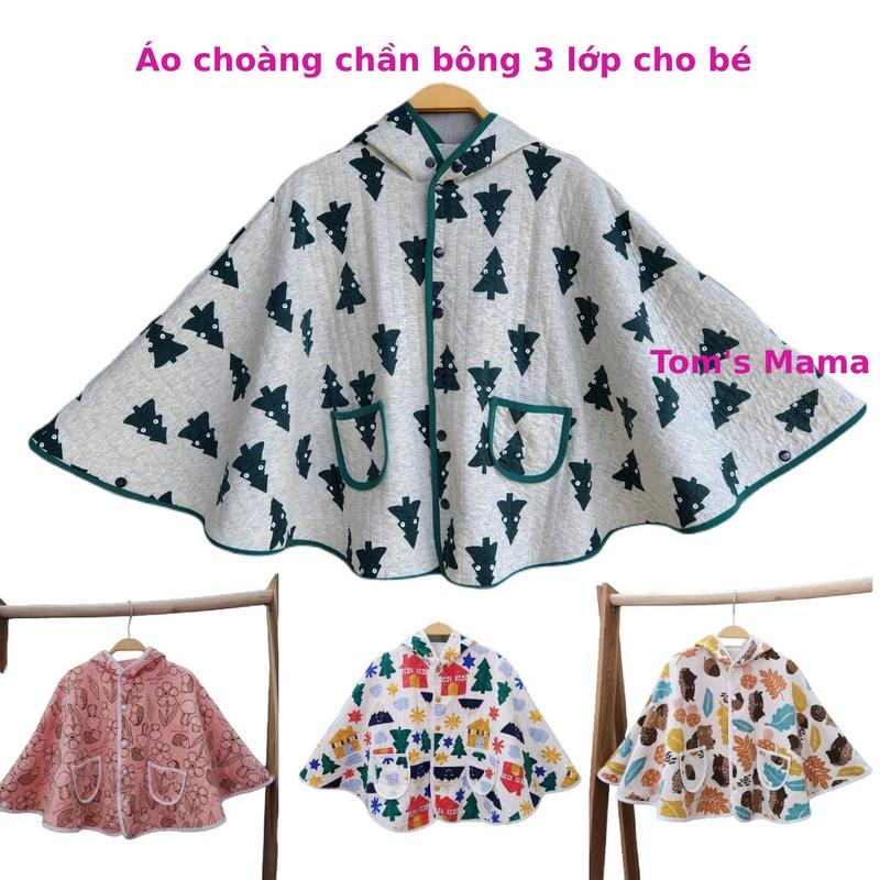 Áo choàng cho bé mùa thu đông vải chần bông 3 lớp dày vừa áo giữ nhiệt giữ ấm mang đi đường chắn gió tốt