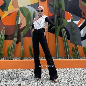 LADIIES - HW Flared Cutbray Jeans Stretch Wanita - High Waist Cutbray Jeans Hitam Panjang