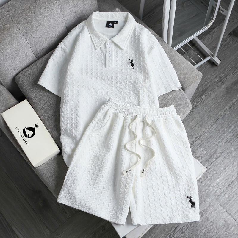 UMA Set Quần Áo Nam Nữ Tay Ngắn Chất Liệu Cotton Xốp Thêu Ngựa Thoáng Mát Kết Hợp Dây Rút Bản To Nổi Bật Menswear Form Rộng Thoải Mái
