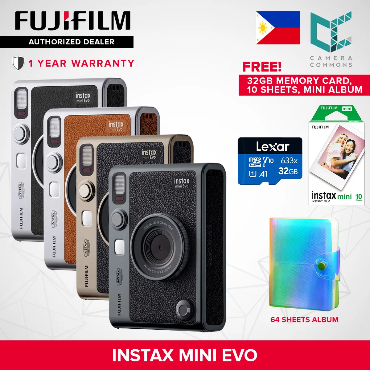 FUJIFILM Instax Mini Evo Hybrid Instant Camera Black and Brown with Mini Glossy Instant Film Sheets Direct Printing Bluetooth Selfie Flash Lens