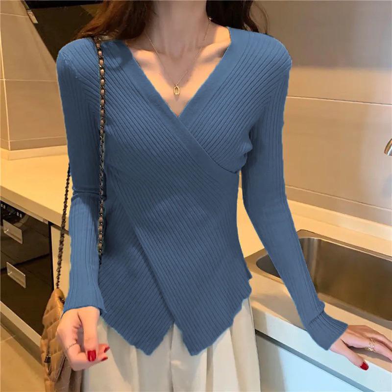 Eliza Knit Sweater Wanita V-neck Gaya Korea All-Match Pakaian Wanita Knit Baju Panjang 7