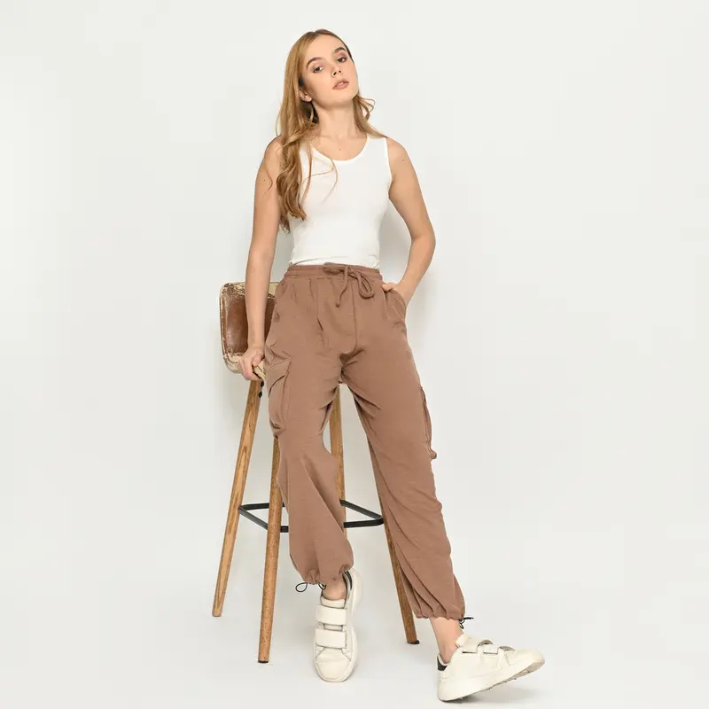 QUEENTIN Celana Wanita Panjang Cargo 0346 Rajut Stretch Polos Stopper Bawahan Cewek 2