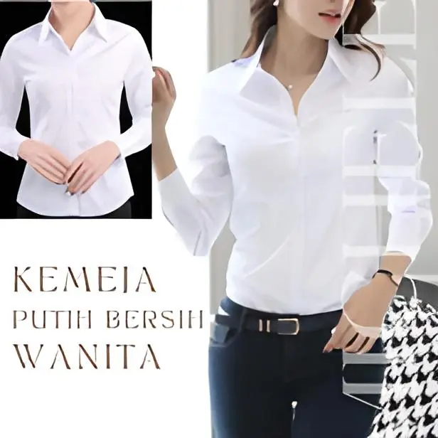 NEW Kemeja Polos Putih Bersih Wanita / Blouse Putih Wanita / Atasan Putih Melar Polos / Baju Putih Polos Kerja Casual Wanita Bahan Katun Premium Termurah Terlaris  Tidak Nerawang Cewek Panjang