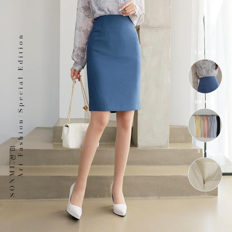 Chân Váy Dài Công Sở Chữ A Suông Basic SONMI Hàn Quốc Cao Cấp Co Giãn Xẻ Tà 2 Lớp Màu Đen Xanh Be MELANIE REAGAN SK115