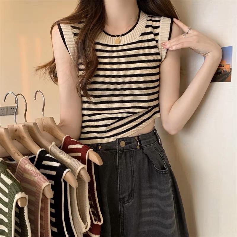 Áo ba lỗ nữ len mongtoghi kiểu kẻ ngang sát nách cổ tròn dáng ôm body hàng dệt kim Quảng Châu cao cấp trẻ trung