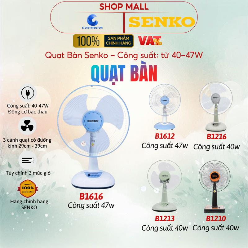 Quạt bàn B4 Senko B1616 / B1216 / B1612 / B1213 / B1210 - Có 3 tốc độ gió, Có cầu chì bảo vệ chống cháy khi cách quạt bị hãm, trong lúc động cơ hoạt động, tiện lợi an toàn - Giao màu ngẫu nhiên