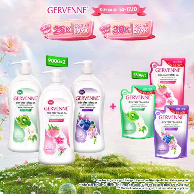 COMBO 2 Chai Sữa Tắm Dưỡng Da Body cho nữ Hương Nước Hoa Gervenne 900g/chai + Tặng 2 Túi Sữa Tắm (mùi ngẫu nhiên) 450g
