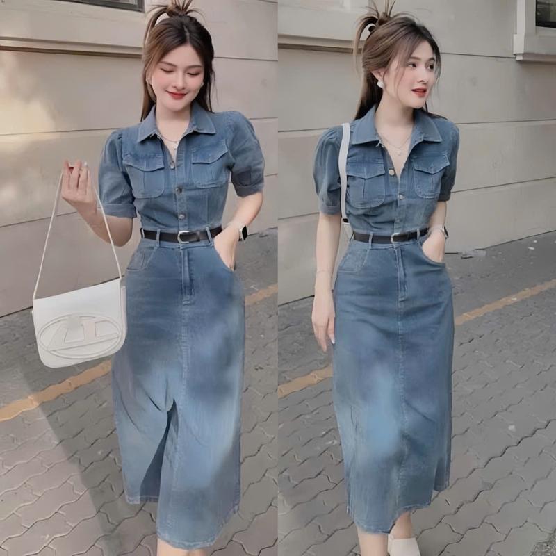Đầm váy nữ jean cứng tay ngắn cổ bẻ cài nút thật kèm dây nịt dáng dài xinh xắn dành cho các nàng diện đi chơi, đi tiệc.