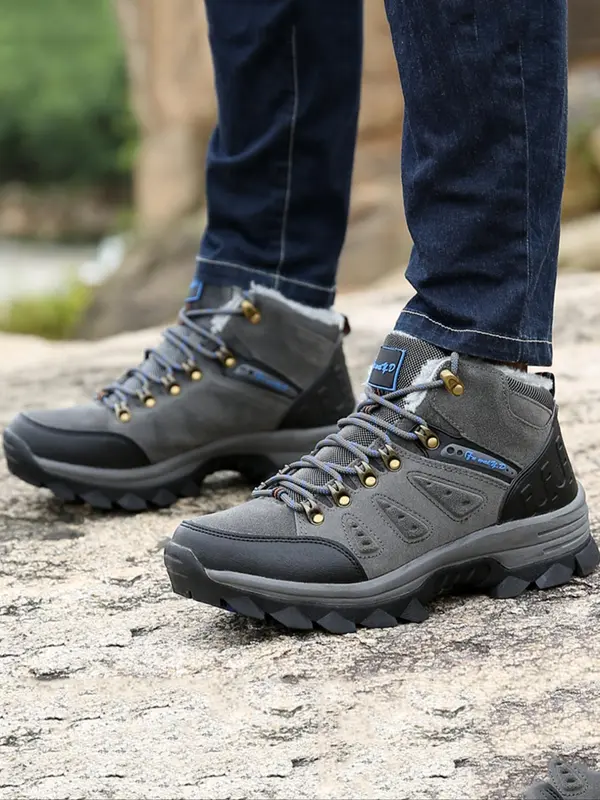 Men's Solid Color Lace Up Ankle Boots, 2024 New Style Casual Sporty Warm Snow Boots for Outdoor Hiking, Non-slip Comfortable Camping Shoes for Fall & Winter 6