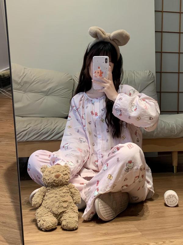 Bộ Đồ Ngủ Hello Kitty, Dành Cho Nữ, Thiết Kế Hoạt Hình Dễ Thương, PannoFluxus, Thích Hợp Cho Mùa Xuân Và Mùa Thu, Hàng Mới Về, Lý Tưởng Cho Sinh Viên Ký Túc Xá, Áo Dài Tay Và Quần Dài, Áo Mặc Bên Ngoài, Bộ Quần Áo Mặc Nhà 0
