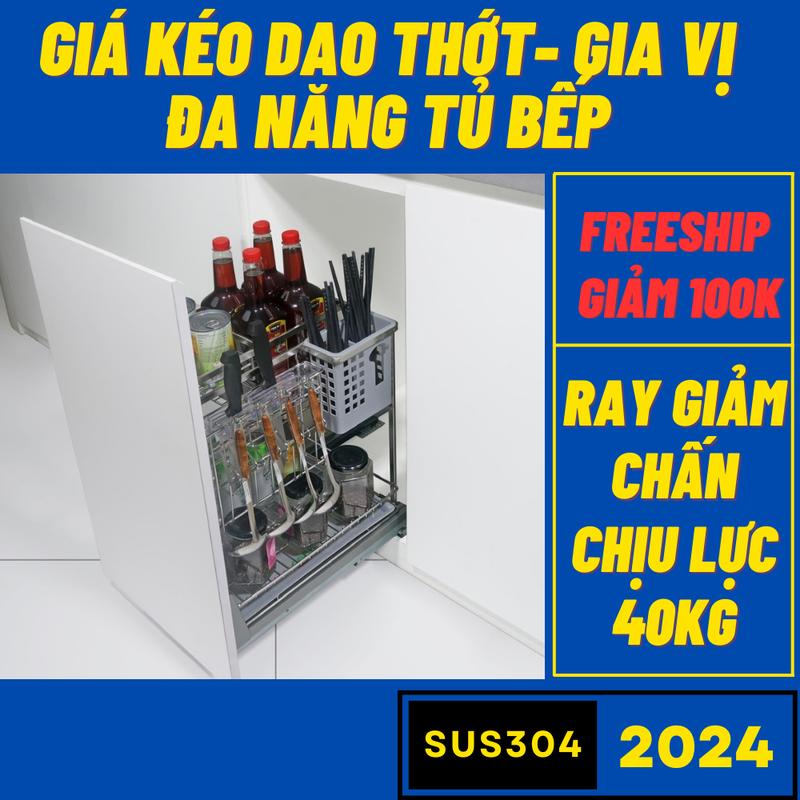 Giá dao thớt gia vị đa năng inox 304 nan dẹt ray âm giảm chấn cao cấp lắp tủ…
