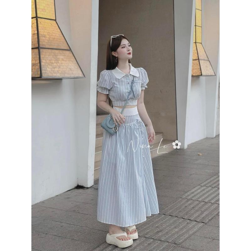 Set bộ sơ mi sọc cổ sen phối chân váy dài