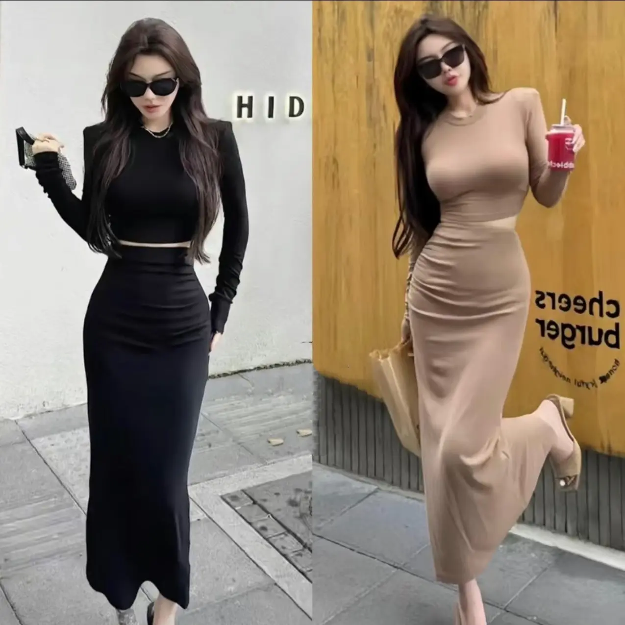 Set croptop chân váy dài xẻ sau/ set váy áo xinh/ set váy áo sang - Chiều dài chân váy 92cm Nữ Women Áo Voi Màu Đen