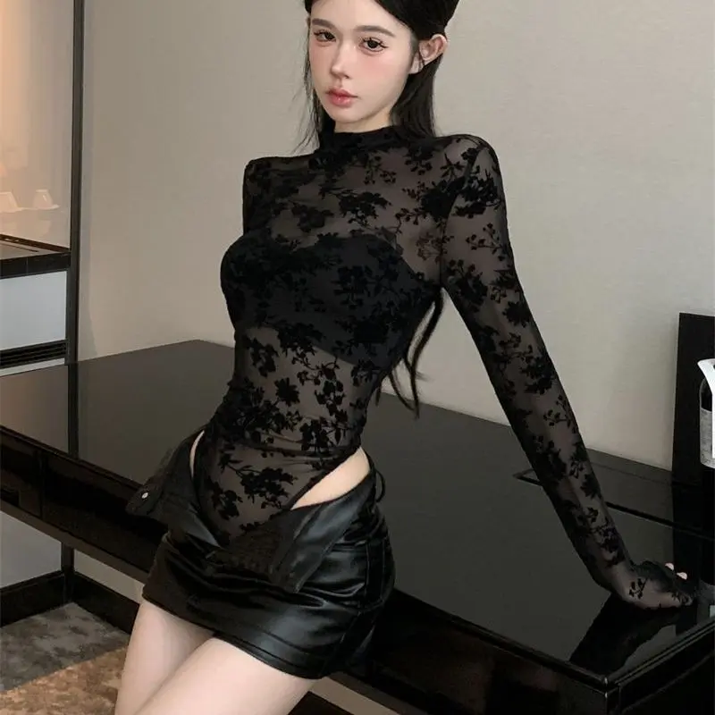 Áo Dài Tay Màu Đen, Cổ Cao, Áo Jumpsuit Quần Phối Cảnh, Hoa Lưới, Áo Phông Co Giãn, Cô Gái Nóng Bỏng Gợi Cảm