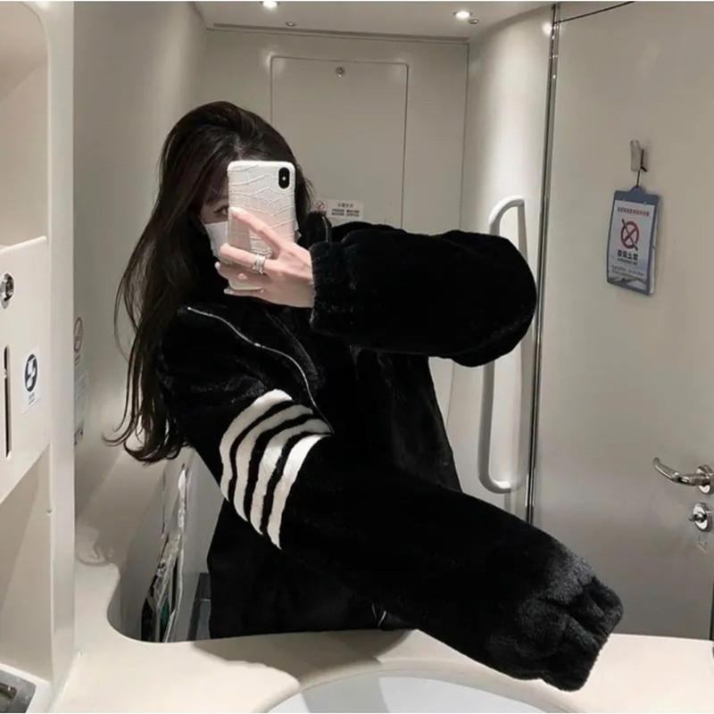 Áo Khoác nỉ Thom Lông Cừu Dày Dặn Phối Kẻ Sọc Tay, Phong Cách Hàn Quốc nam nữ mặc cực chât Cotton Jacket Cotton Jacket Menswear Trắng 5