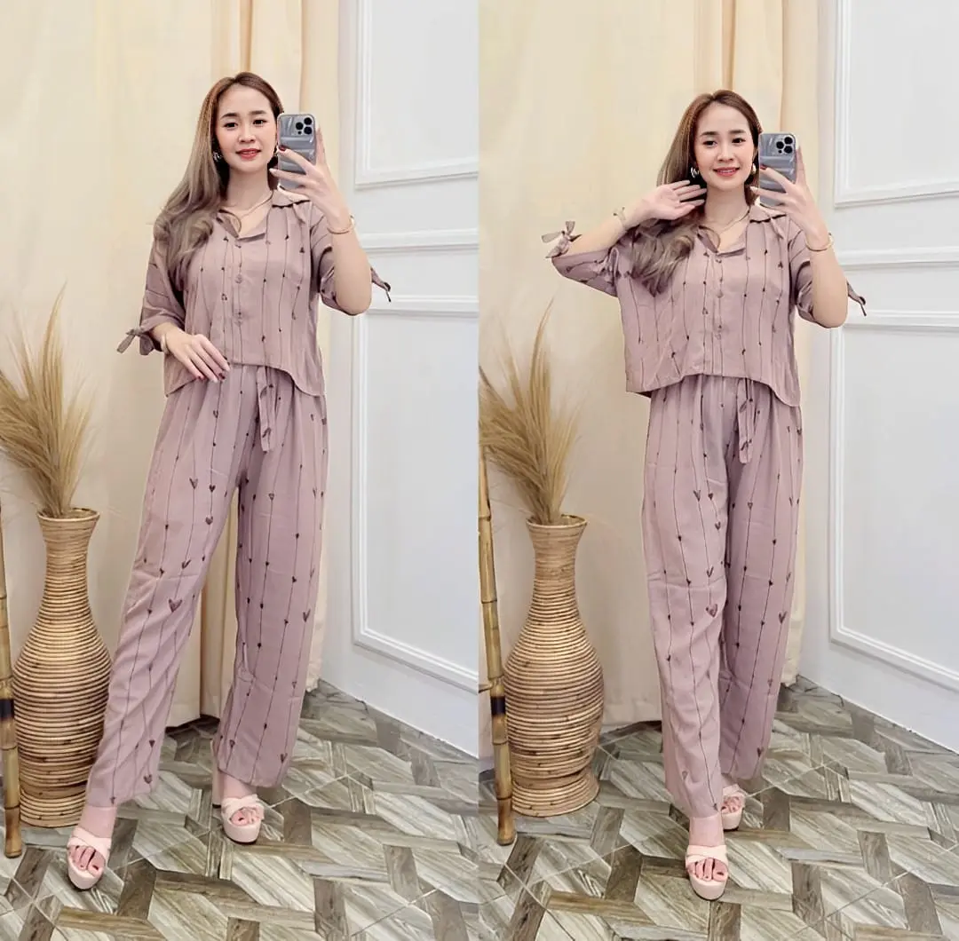Setelan Wanita - One set Crop Top Motif Love Allsize  Handmade Soft Color Lengan Pendek Busui Kancing Aktif Setelan Rayon Setelan Wanita Kekinian Baju Celana  Panjang