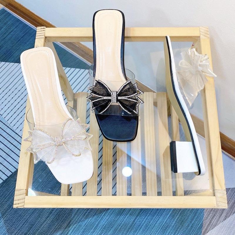 Dép Nữ Quai Ngang Nơ Đính Đá Lấp Lánh Gót Vuông 3-5ph Sang Chảnh