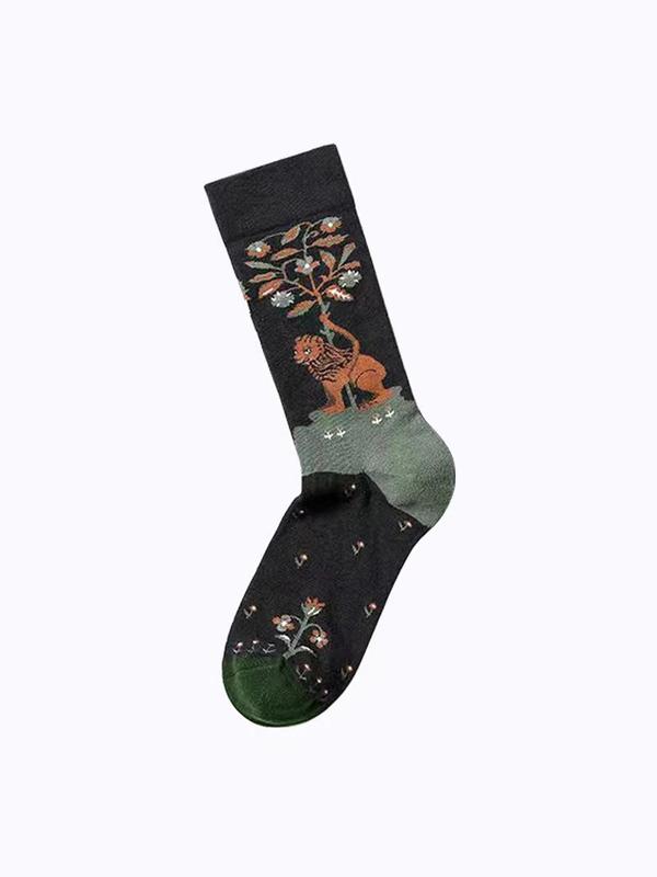 Women's 4 Pairs Animal & Floral Print Crew Socks, Casual Fashion Street Comfy Socks For Daily Vacation Party, Women's Socks For All Seasons 7